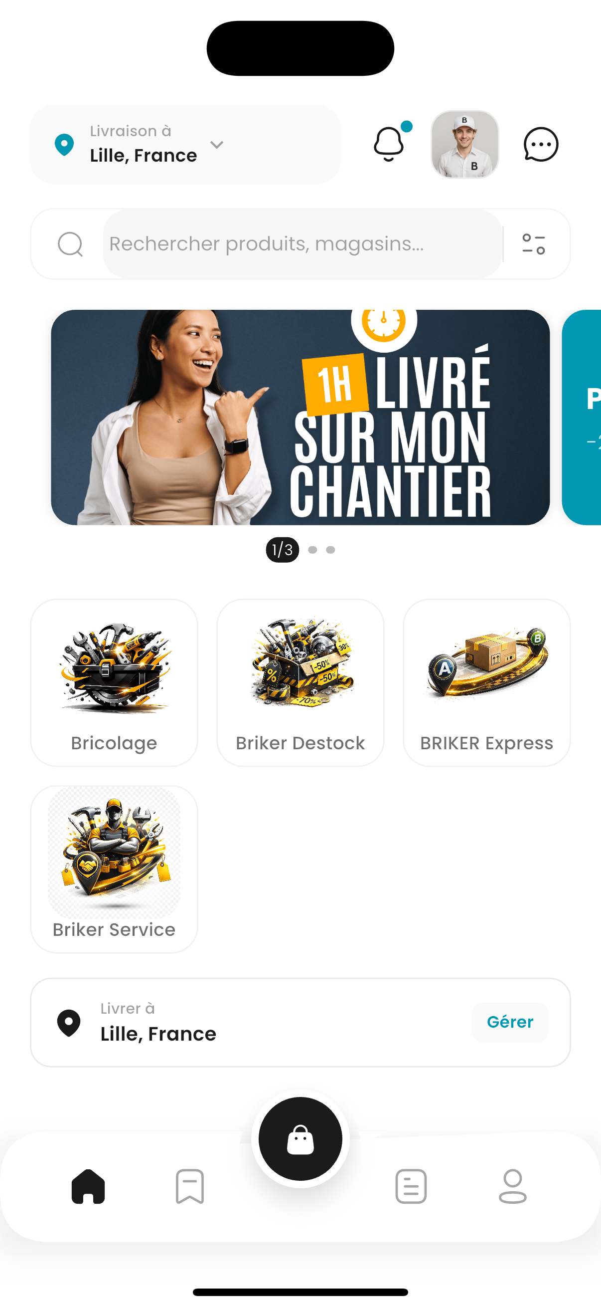 Application BRIKER — accueil avec magasins de bricolage partenaires