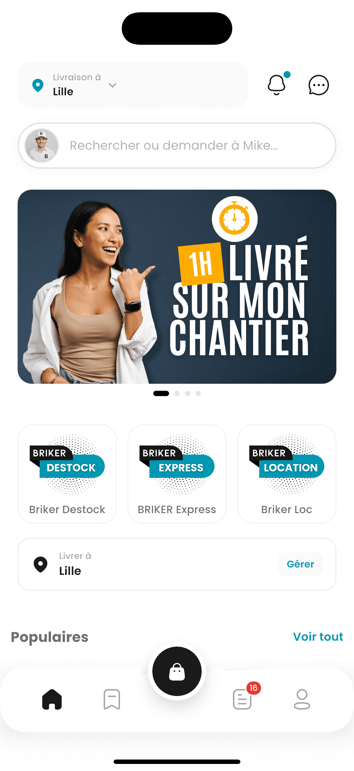 Application BRIKER — accueil de la marketplace de matériaux de chantier